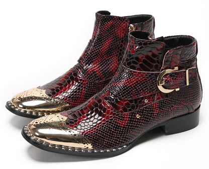 Mens Genuine Leather Metal-Square Toe Snakeskin Texture Ankle Western Boots