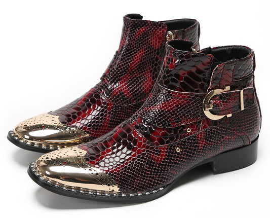 Mens Snakeskin Pattern Metal Wingtip Genuine Leather Ankles Western Boots