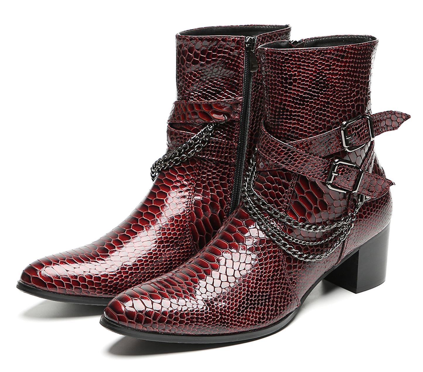 Mens Snakeskin Burgundy Leather Chains Buckles Cowboy Western Boots