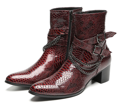 Mens Snakeskin Burgundy Leather Chains Buckles Cowboy Western Boots