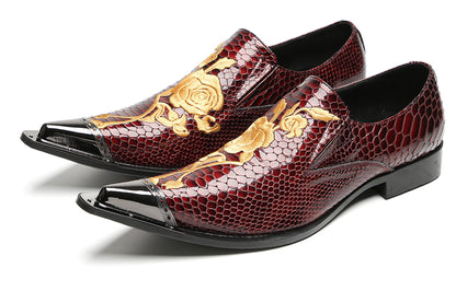 Mens Embroidered Rose Snake Pattern Patent Leather Western Loafers