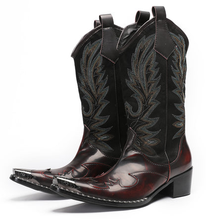 Mens Genuine Leather Metal Wingtip Toe Embroidered Pull On Western Cowboy Boots