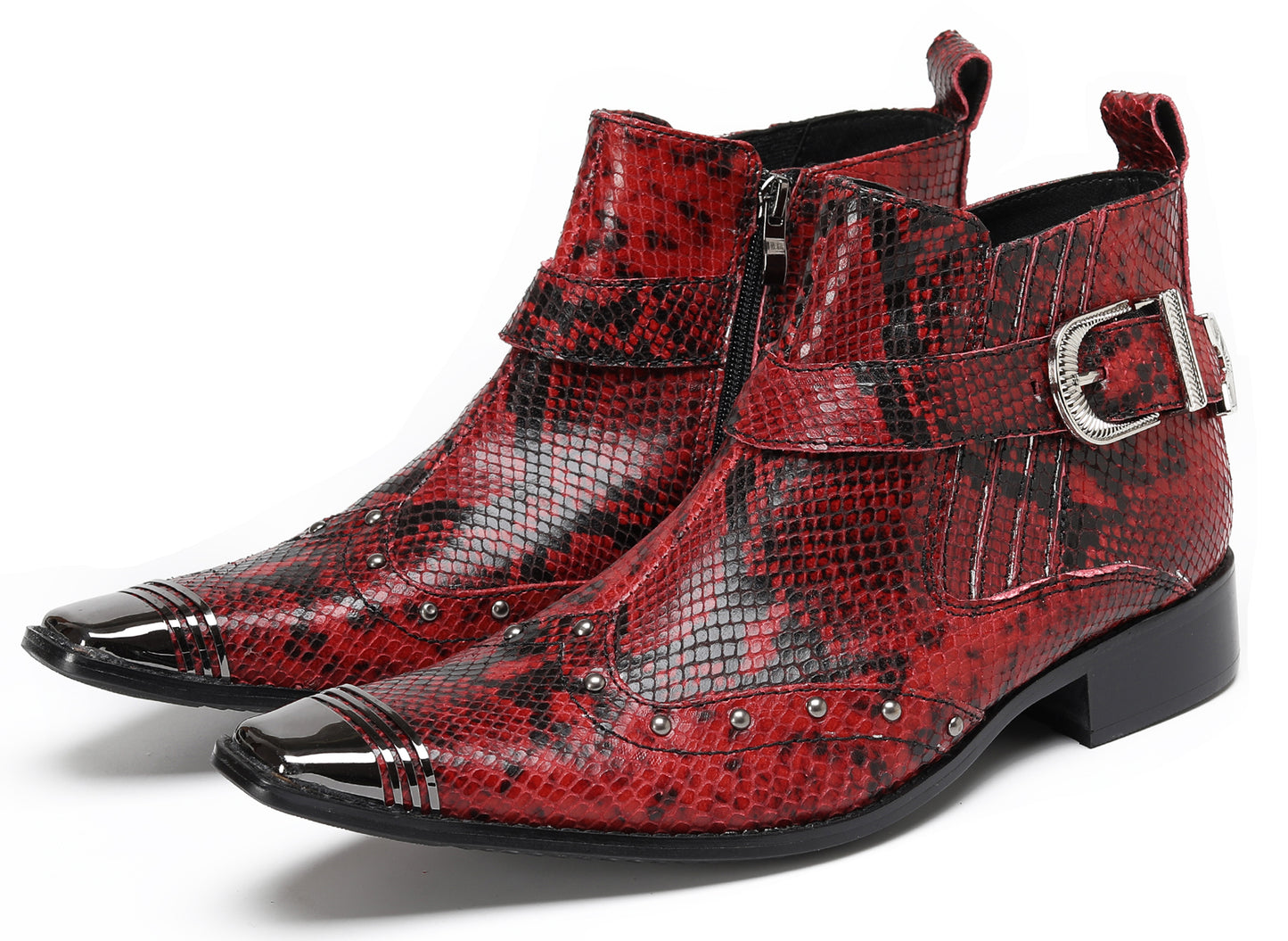Mens Snakeskin Zipper Side Studded Buckle Western Boots