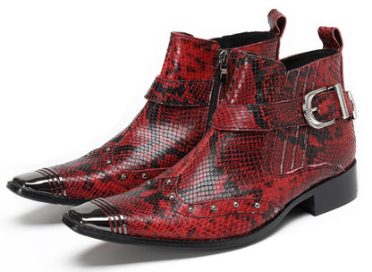 Mens Snakeskin Zipper Side Studded Buckle Western Boots
