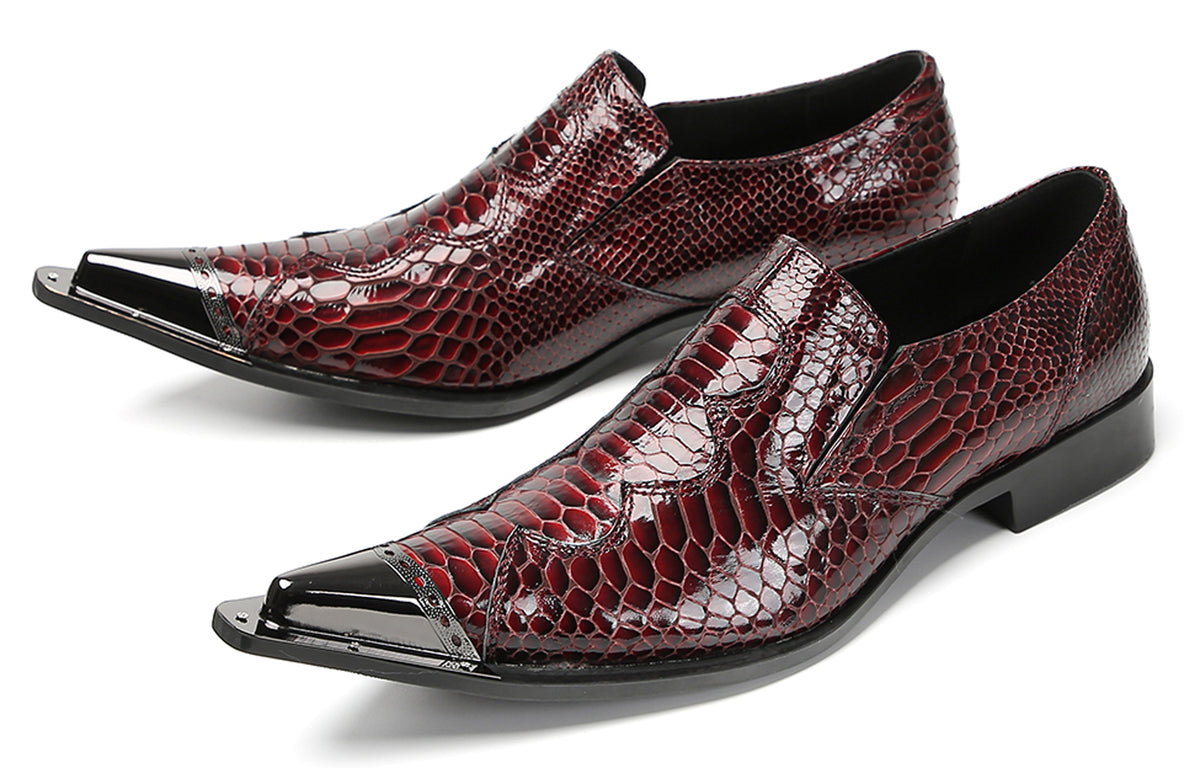 Mens Metal Toe Cap Burgundy Red Crocodile Pattern Western Loafers