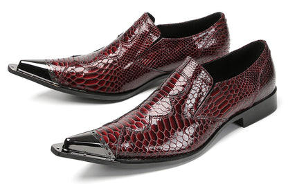 Mens Metal Toe Cap Burgundy Red Crocodile Pattern Western Loafers