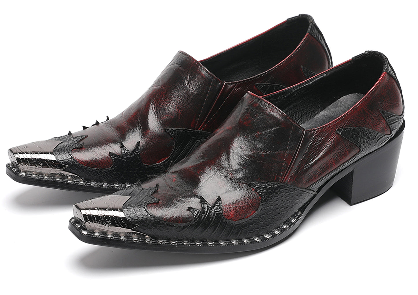 Mens Genuine Leather Metal Pointed Toe Two Tone Western Loafers