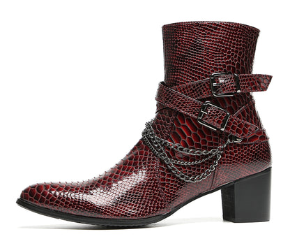 Mens Snakeskin Burgundy Leather Chains Buckles Cowboy Western Boots