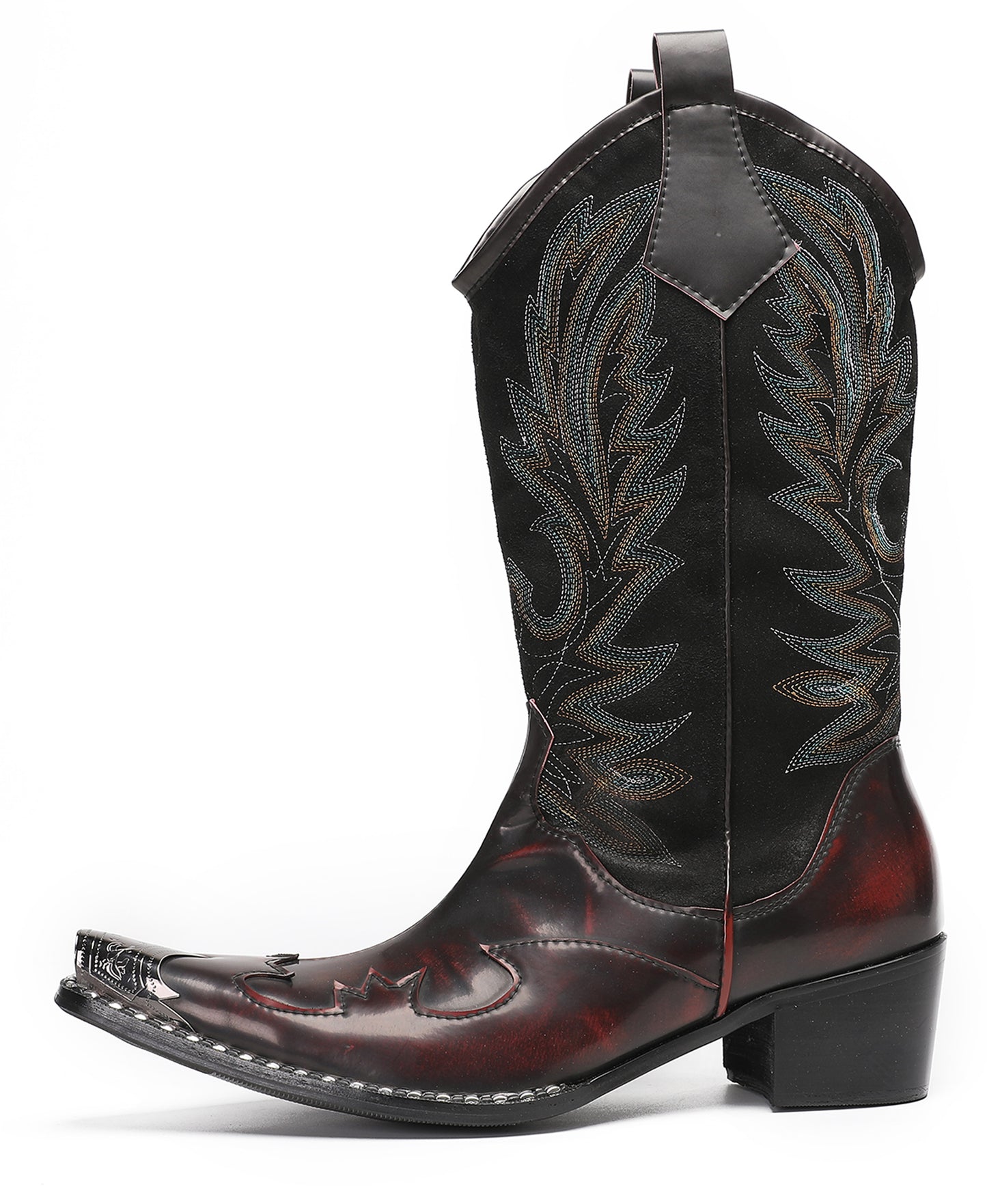 Mens Genuine Leather Metal Wingtip Toe Embroidered Pull On Western Cowboy Boots