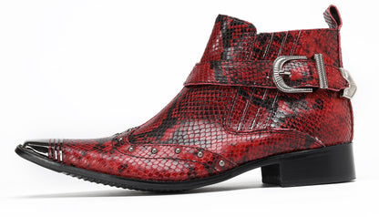 Mens Snakeskin Zipper Side Studded Buckle Western Boots