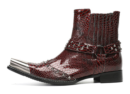 Mens Top-Grain Leather Studded Strap & Side Zipper Cowboy Western Boots