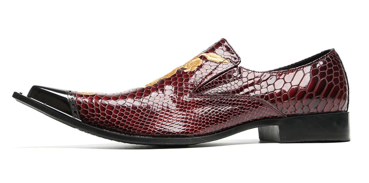 Mens Embroidered Rose Snake Pattern Patent Leather Western Loafers