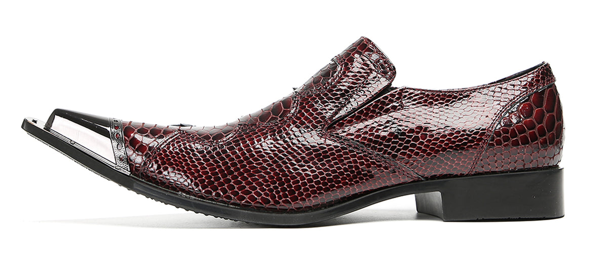 Mens Metal Toe Cap Burgundy Red Crocodile Pattern Western Loafers