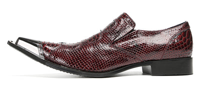 Mens Metal Toe Cap Burgundy Red Crocodile Pattern Western Loafers