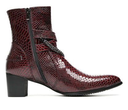 Mens Snakeskin Burgundy Leather Chains Buckles Cowboy Western Boots