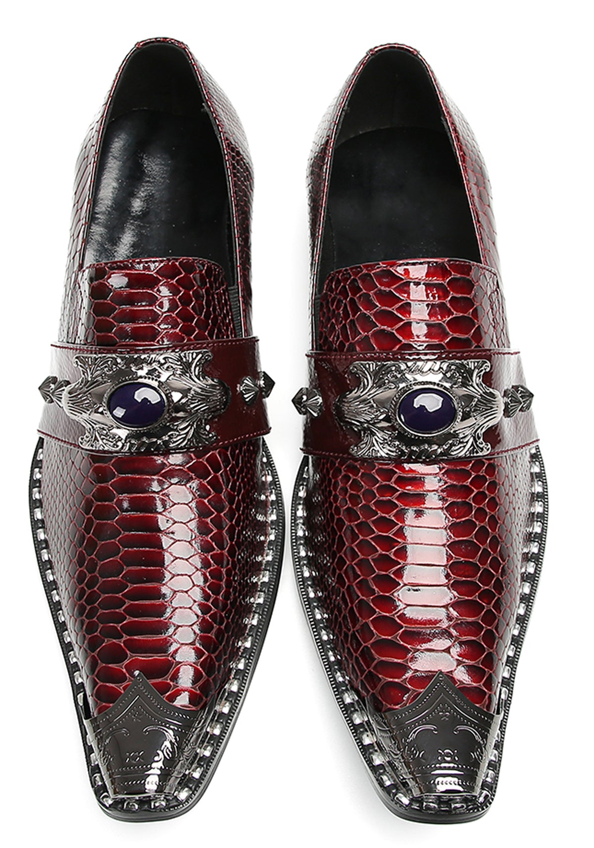 Mens Metal Pointed Lion Toe Gem Detail Western Loafers