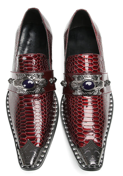 Mens Metal Pointed Lion Toe Gem Detail Western Loafers
