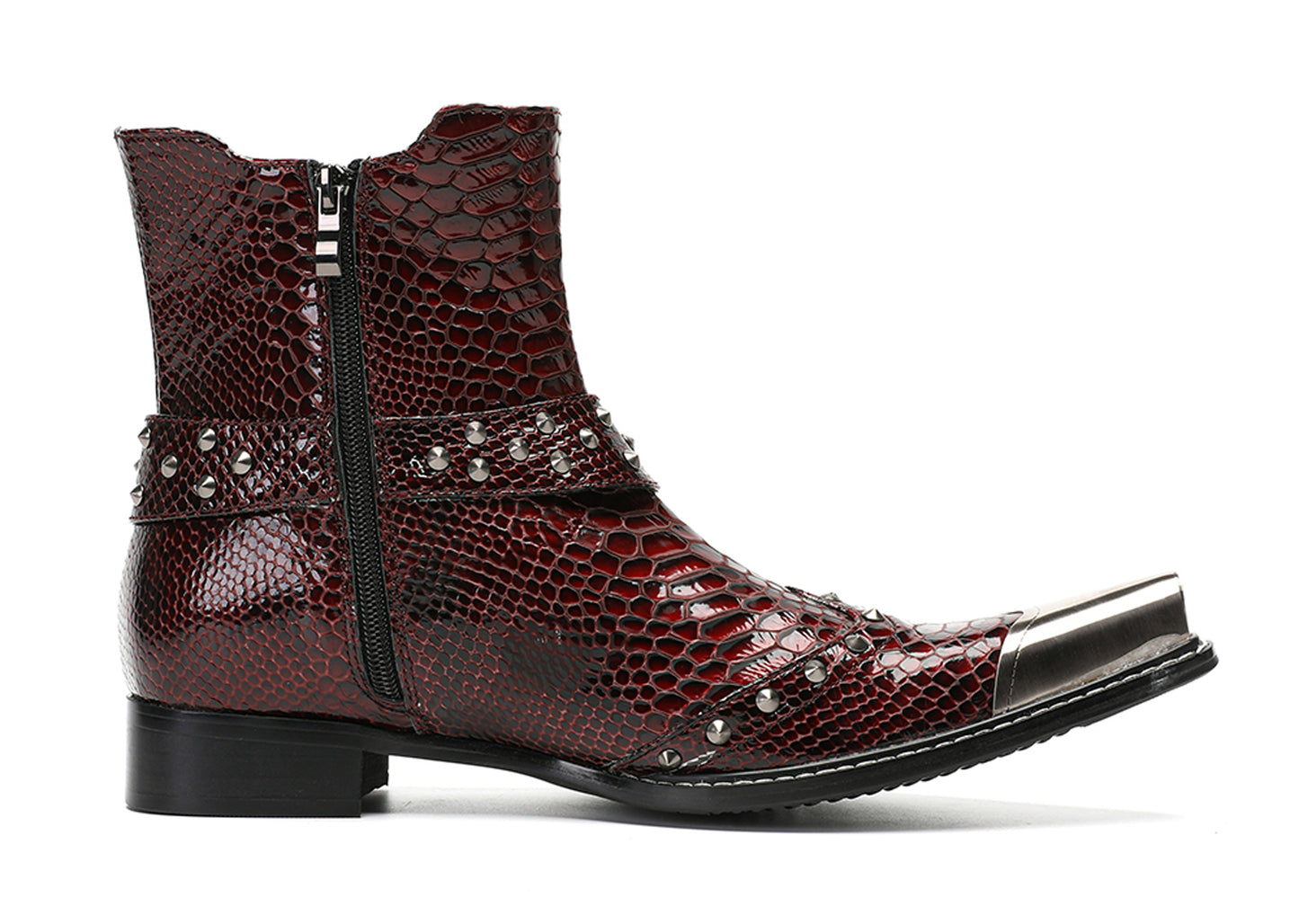 Mens Top-Grain Leather Studded Strap & Side Zipper Cowboy Western Boots