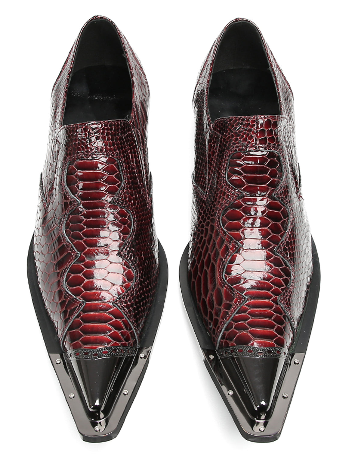 Mens Metal Toe Cap Burgundy Red Crocodile Pattern Western Loafers