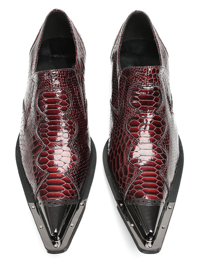 Mens Metal Toe Cap Burgundy Red Crocodile Pattern Western Loafers