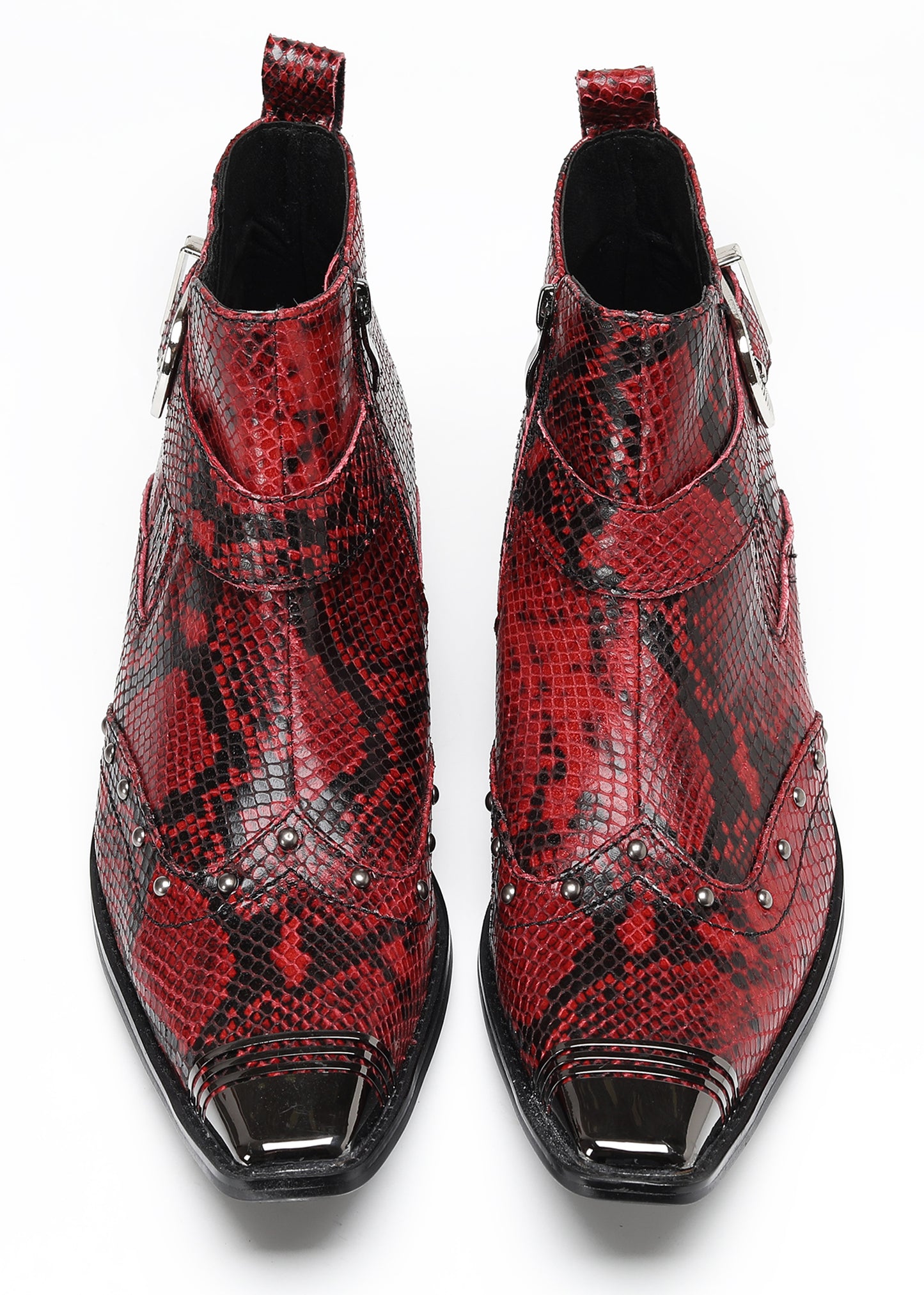 Mens Snakeskin Zipper Side Studded Buckle Western Boots