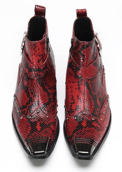 Mens Snakeskin Zipper Side Studded Buckle Western Boots