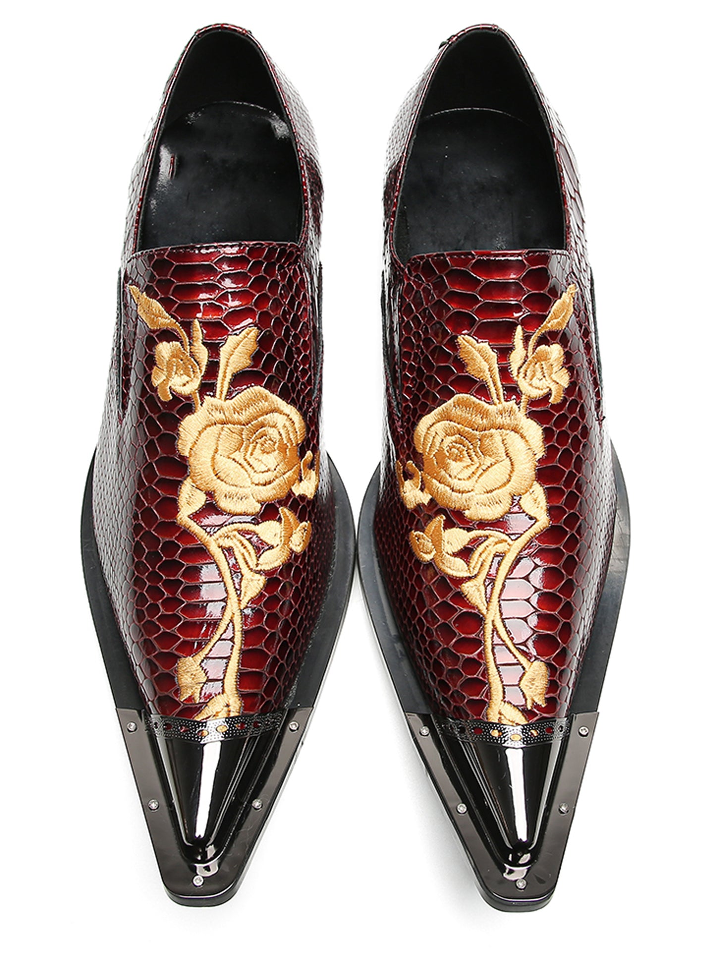 Mens Embroidered Rose Snake Pattern Patent Leather Western Loafers