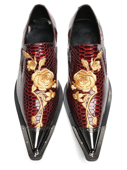 Mens Embroidered Rose Snake Pattern Patent Leather Western Loafers