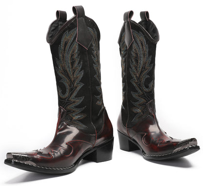 Mens Genuine Leather Metal Wingtip Toe Embroidered Pull On Western Cowboy Boots