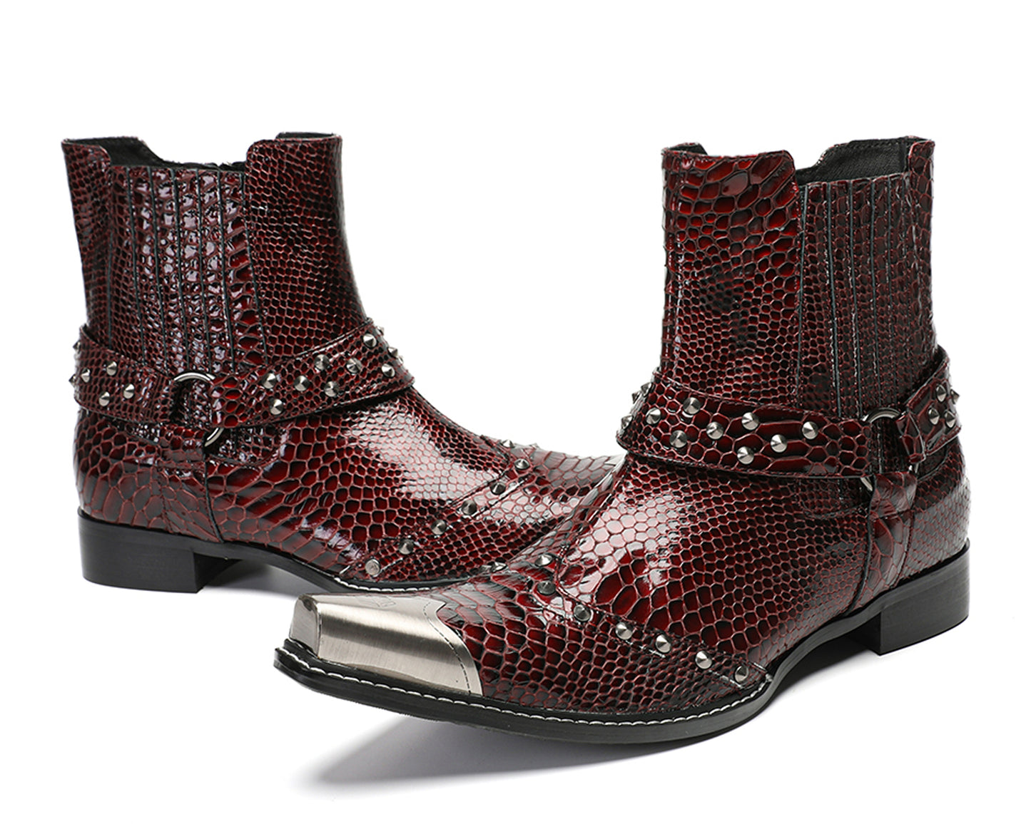 Mens Top-Grain Leather Studded Strap & Side Zipper Cowboy Western Boots