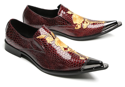 Mens Embroidered Rose Snake Pattern Patent Leather Western Loafers