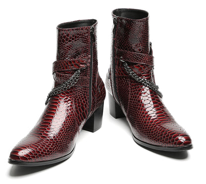 Mens Snakeskin Burgundy Leather Chains Buckles Cowboy Western Boots