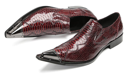 Mens Metal Toe Cap Burgundy Red Crocodile Pattern Western Loafers