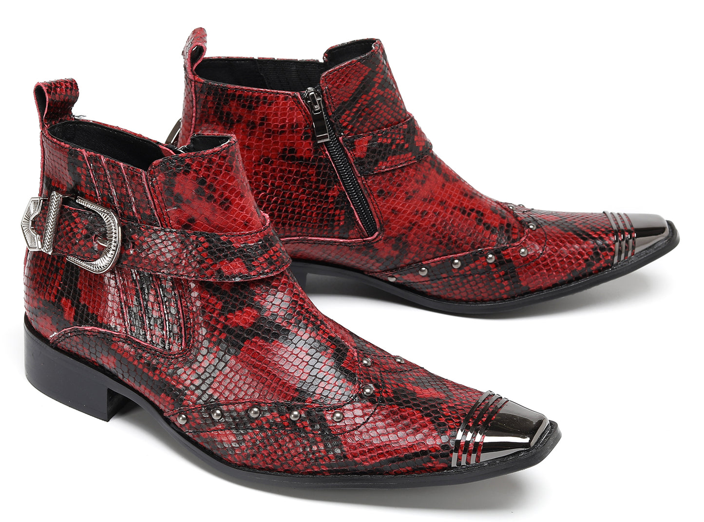 Mens Snakeskin Zipper Side Studded Buckle Western Boots