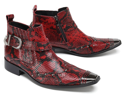 Mens Snakeskin Zipper Side Studded Buckle Western Boots