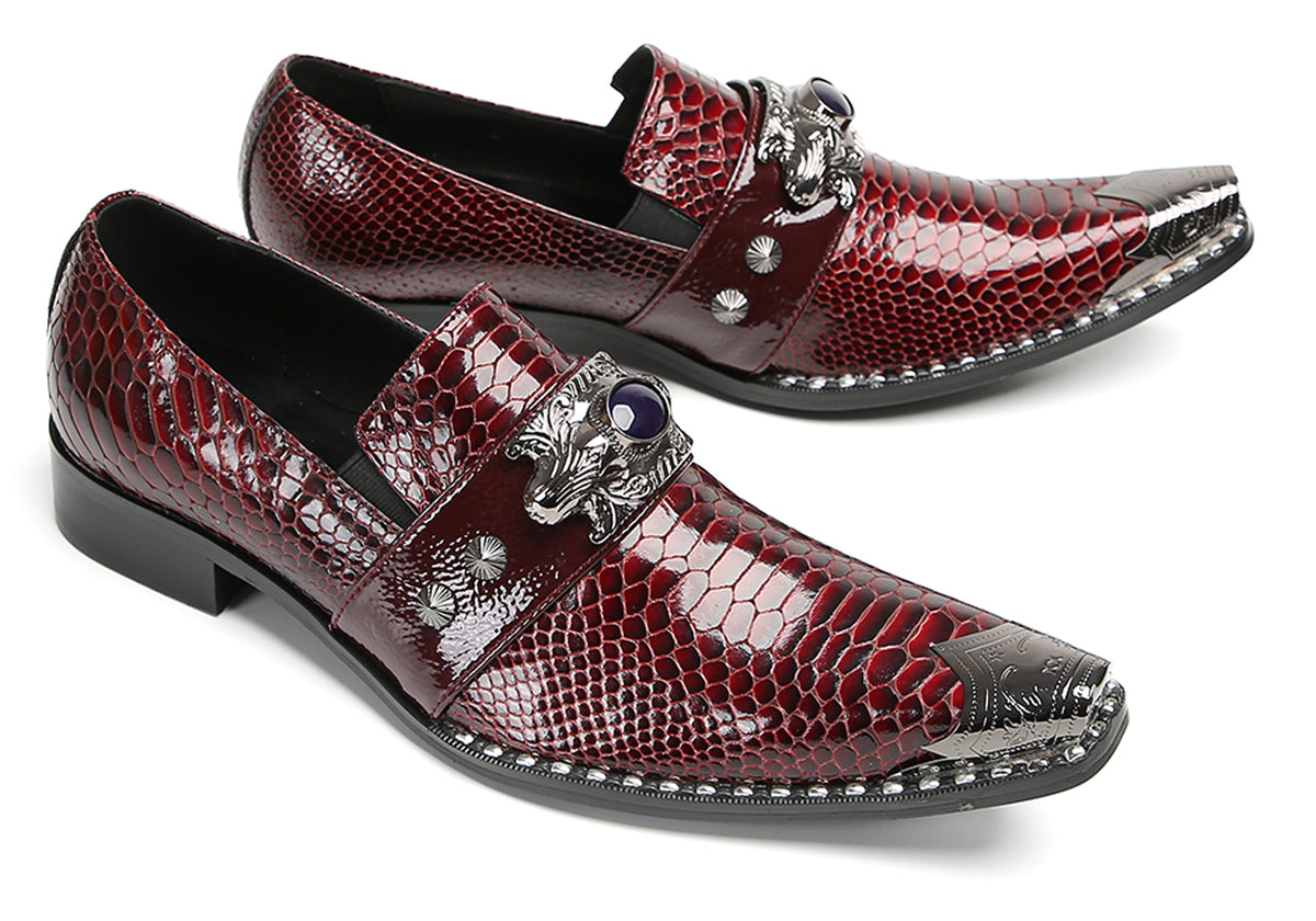 Mens Metal Pointed Lion Toe Gem Detail Western Loafers