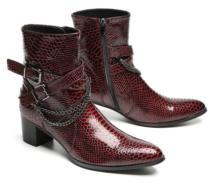 Mens Snakeskin Burgundy Leather Chains Buckles Cowboy Western Boots