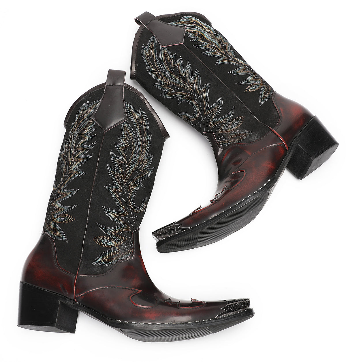 Mens Genuine Leather Metal Wingtip Toe Embroidered Pull On Western Cowboy Boots