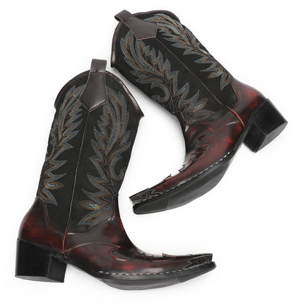 Mens Genuine Leather Metal Wingtip Toe Embroidered Pull On Western Cowboy Boots