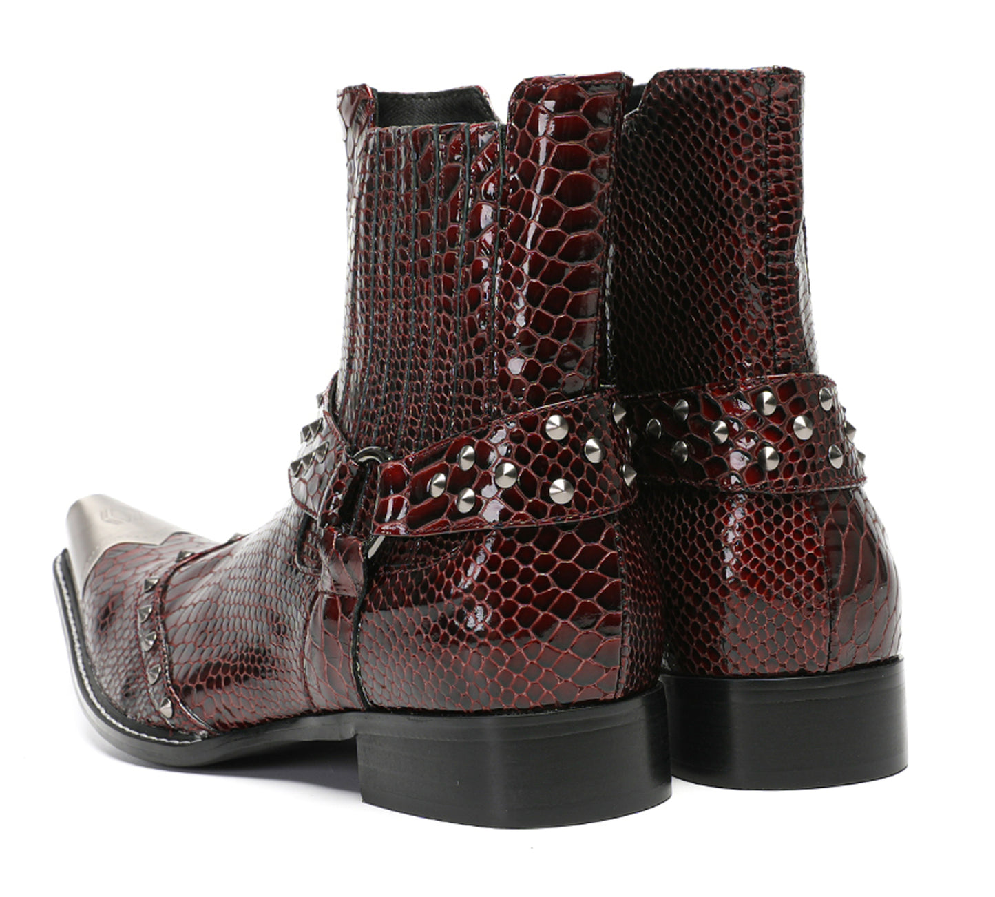 Mens Top-Grain Leather Studded Strap & Side Zipper Cowboy Western Boots