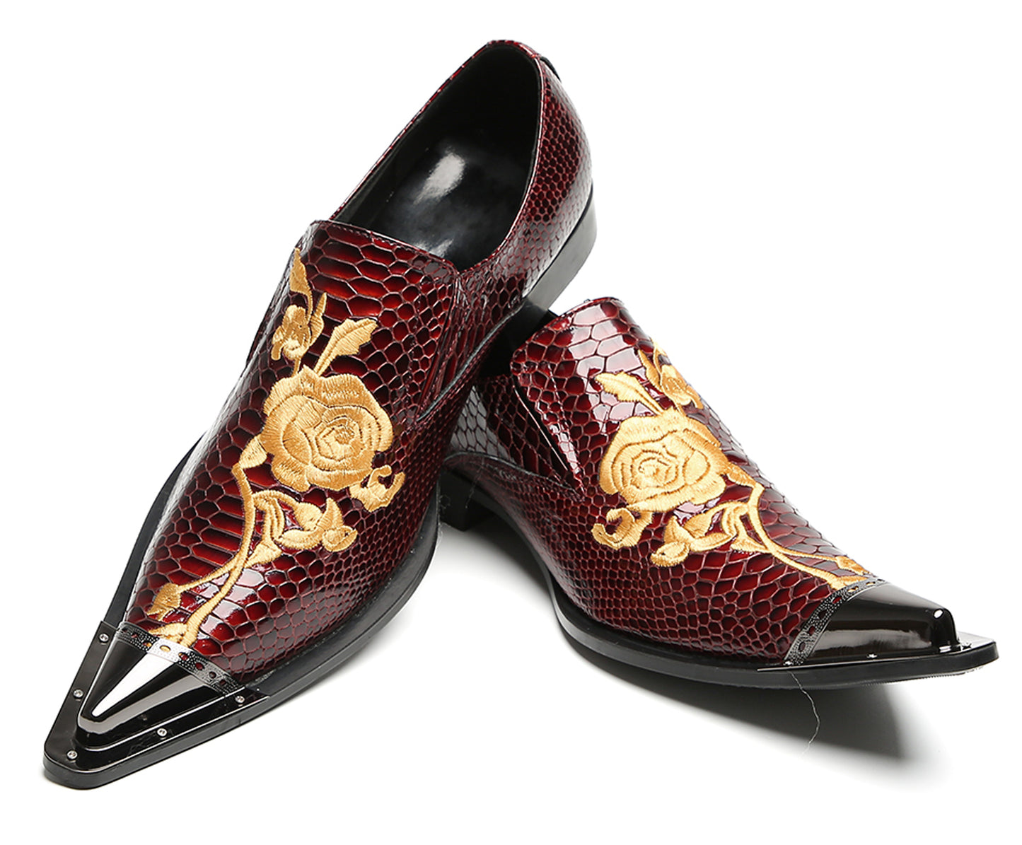 Mens Embroidered Rose Snake Pattern Patent Leather Western Loafers
