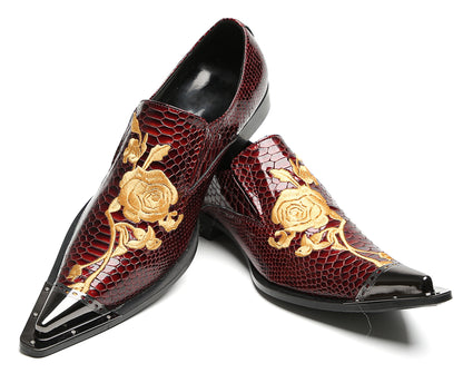 Mens Embroidered Rose Snake Pattern Patent Leather Western Loafers