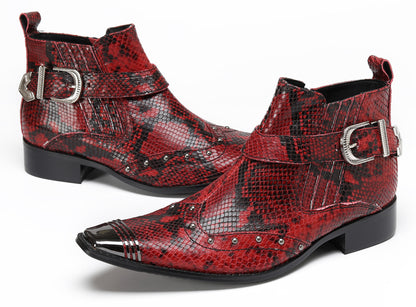 Mens Snakeskin Zipper Side Studded Buckle Western Boots