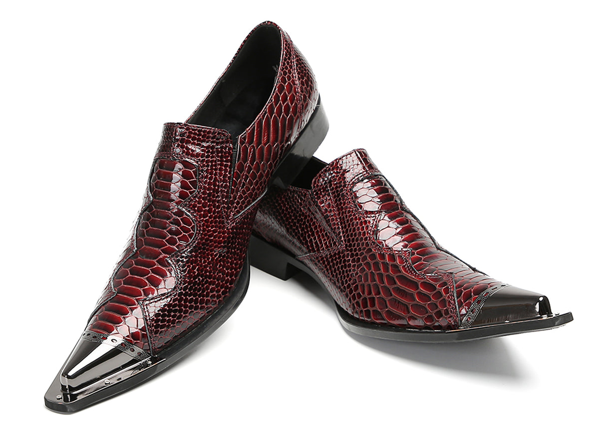 Mens Metal Toe Cap Burgundy Red Crocodile Pattern Western Loafers