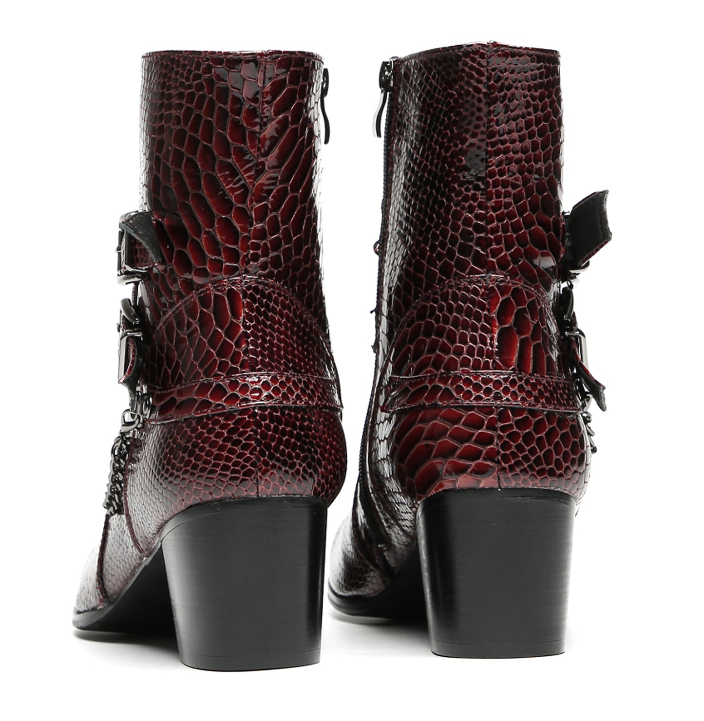 Mens Snakeskin Burgundy Leather Chains Buckles Cowboy Western Boots