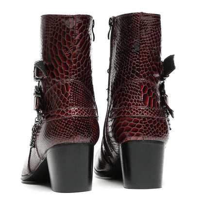 Mens Snakeskin Burgundy Leather Chains Buckles Cowboy Western Boots
