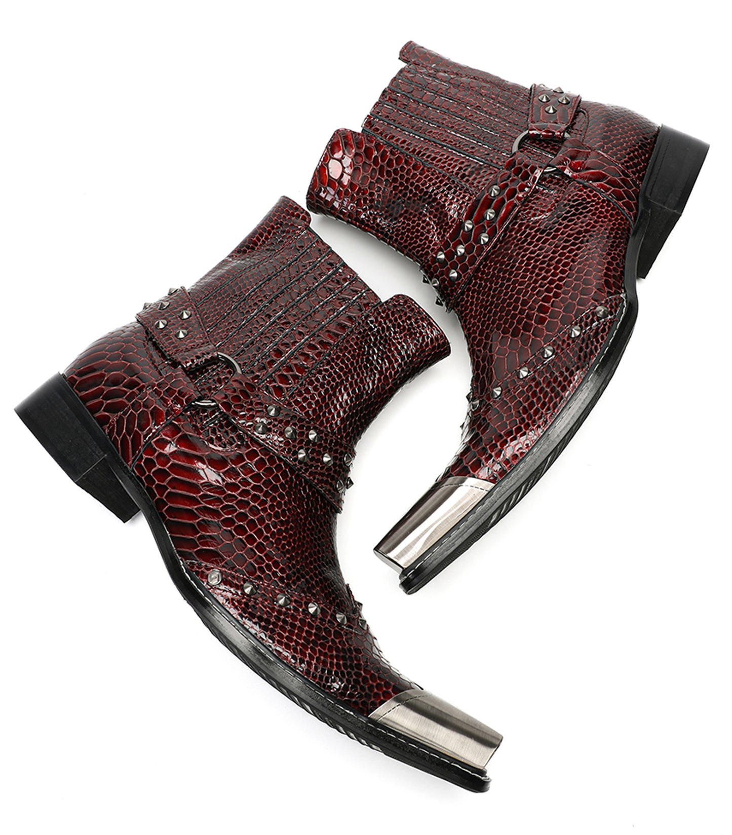 Mens Top-Grain Leather Studded Strap & Side Zipper Cowboy Western Boots