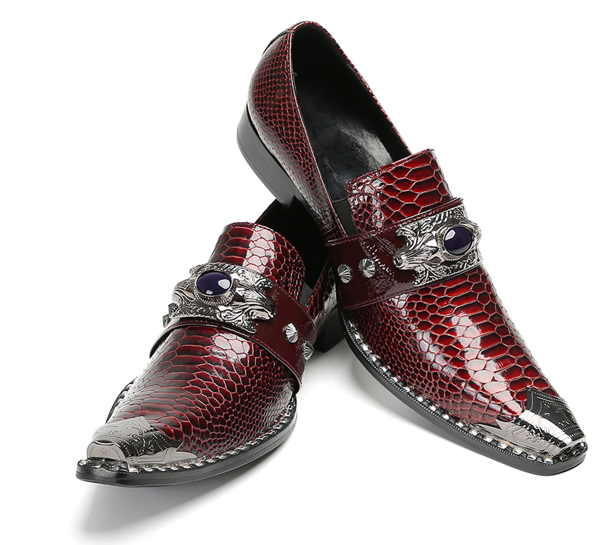 Mens Metal Pointed Lion Toe Gem Detail Western Loafers