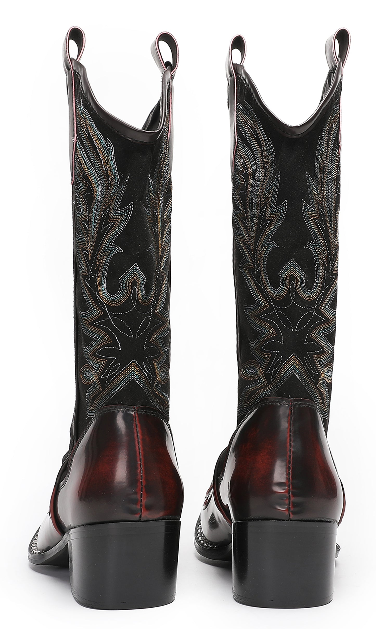 Mens Genuine Leather Metal Wingtip Toe Embroidered Pull On Western Cowboy Boots