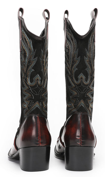 Mens Genuine Leather Metal Wingtip Toe Embroidered Pull On Western Cowboy Boots